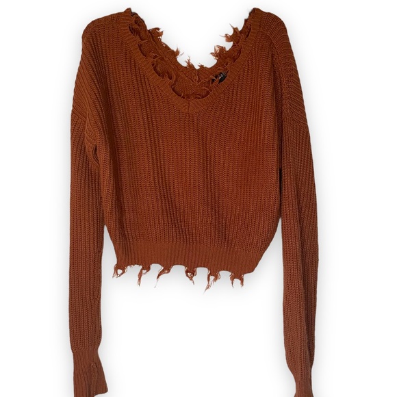 Chunky Rib Knit Sweater Frayed Hem V-Neck Pinkish Brown Medium - Picture 3 of 3